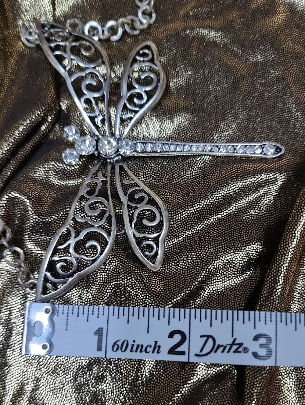 Filigree Dragonfly Pendant‎ Necklace in Silver with Clear Stones